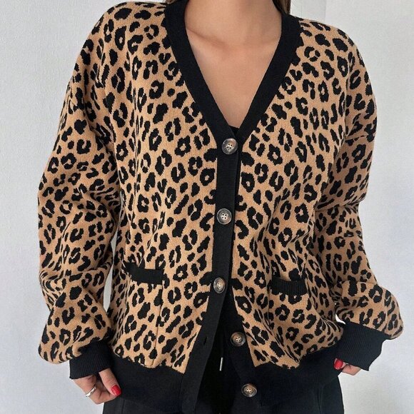 Brown Casual Women's Loose Fit Leopard Print Open Front Cardigan - Picture 6 of 6